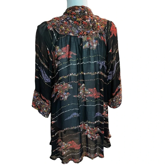 ASOS Sheer 3/4 Sleeve Tunic Blouse Black with Floral Print Women’s Size 4 - Picture 4 of 11